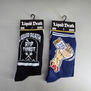 Liquid Death Crew Socks Mens 6-12 2 Pack RIP Thirst Graphic Black Blue New
